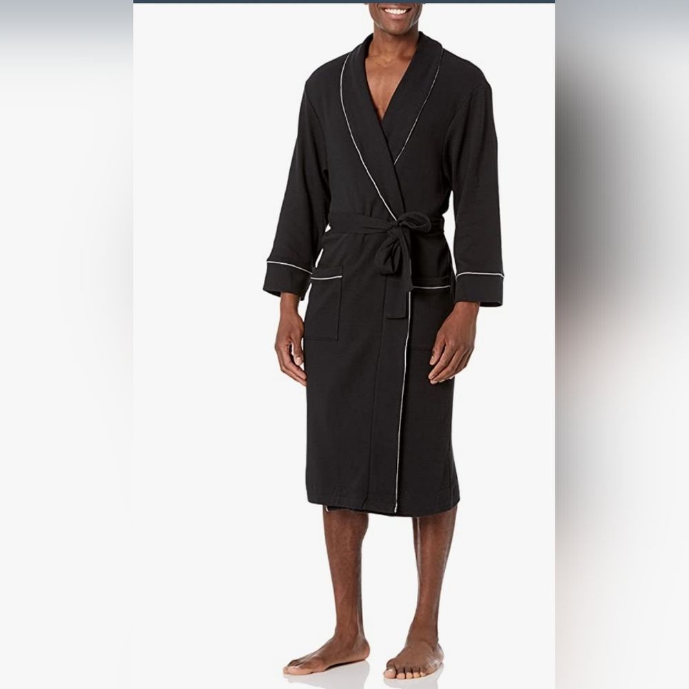 Amazon Essentials Black/White Trim Waffle Shawl Collar Midi Robe No Belt NWT M/L